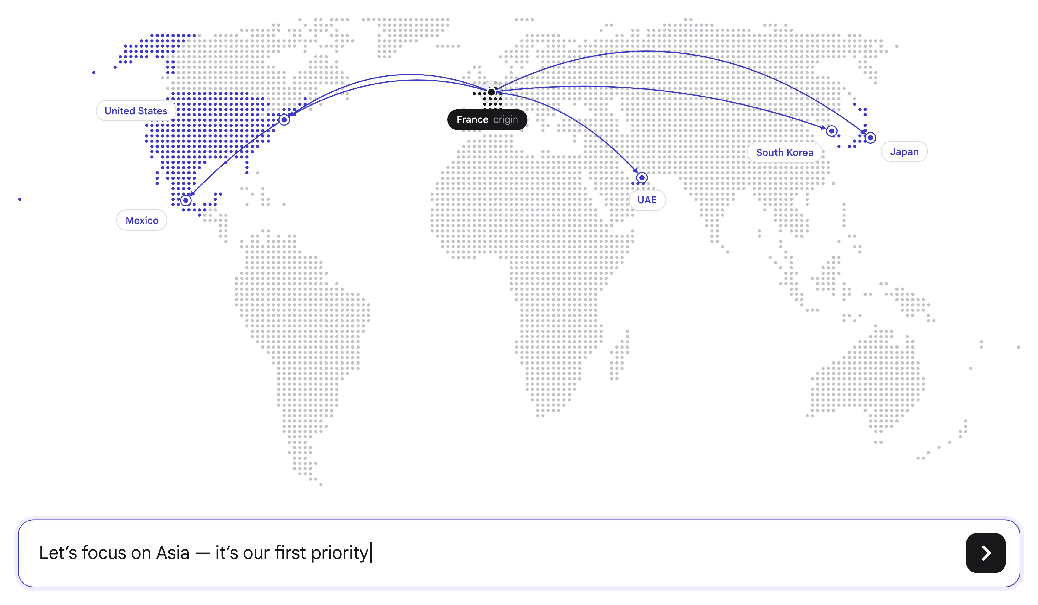 World map: Brand X shortlist of five next markets from France — United States, Mexico, UAE, South Korea and Japan (illustrative)