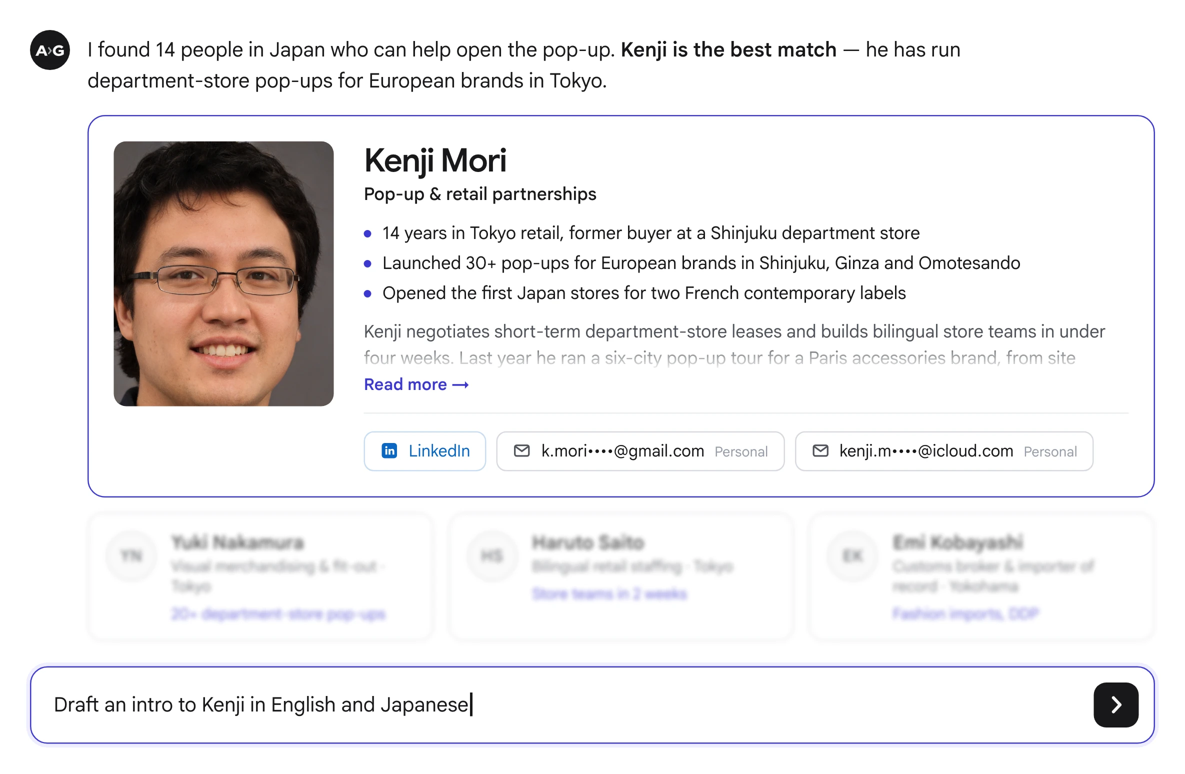 Already Global finds 14 local specialists for the Tokyo pop-up and highlights the best match (illustrative profile)