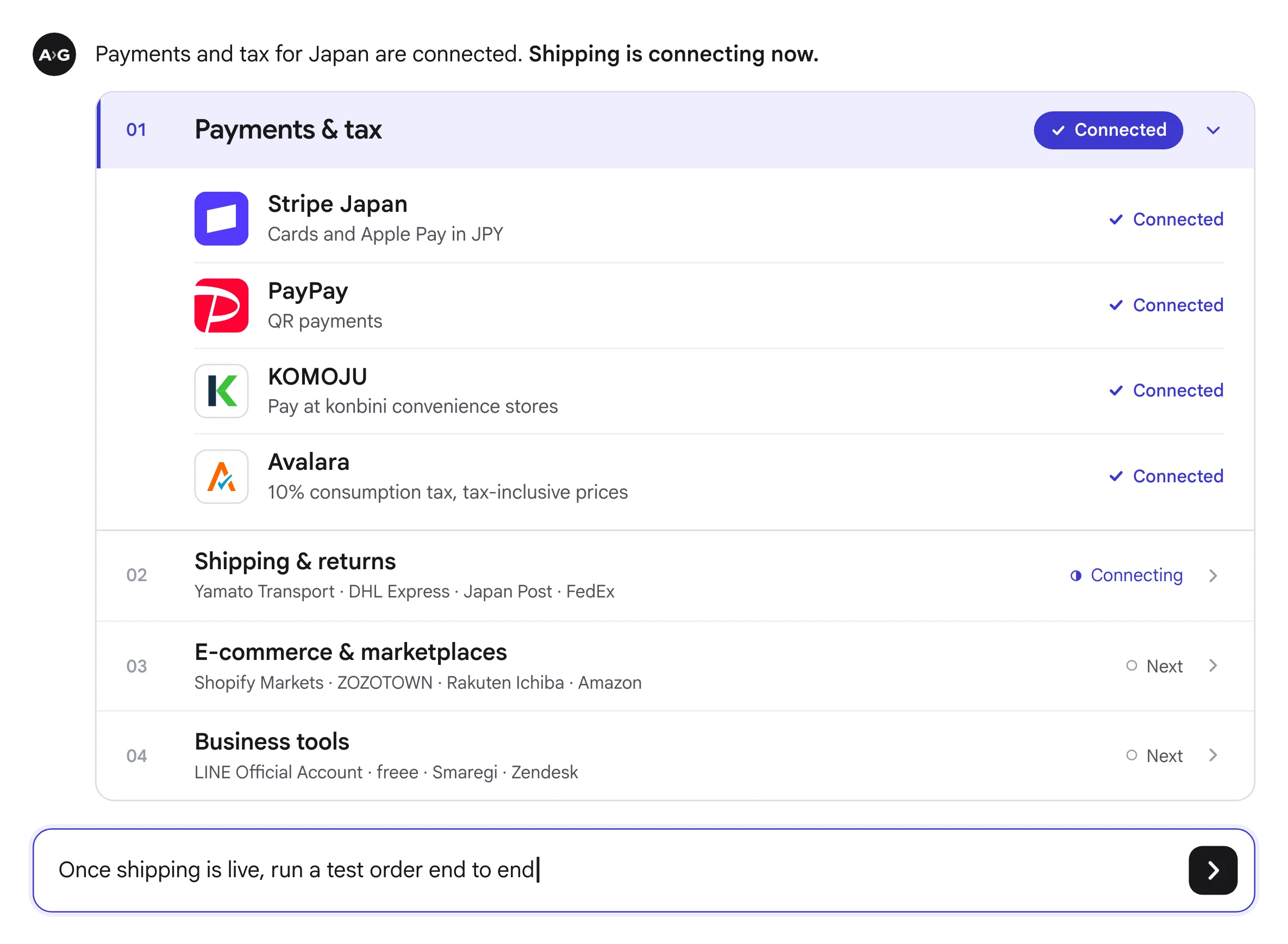 Already Global connects payments and tax for Japan and shows shipping, marketplaces and business tools as the next integrations